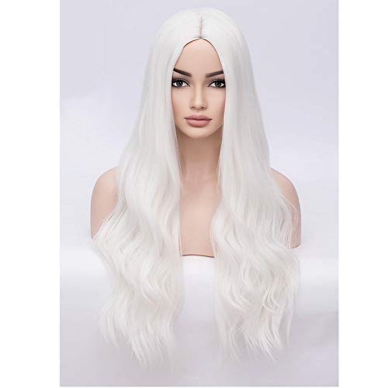 BERON Womens White Wig Long Wavy Hair Wig for Girls 28 Inches Middle Part Heat Resistant Synthetic Wigs for Costume Party or Daily Use Wig - Image 1